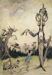 En jätte med ett barn och två kråkor, illustration från The Book of Betty Barber av Maggie Brown, utgiven 1910, senare färglagd av Harry Rountree, 1878-1950, även en illustration för Book o