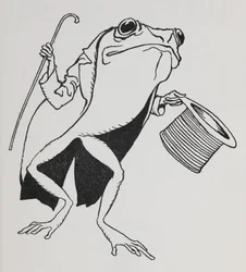 En groda i hög hatt och frack, bärande på en käpp.