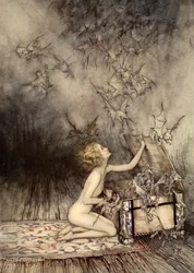 En plötslig svärm av bevingade varelser strök förbi henne, illustration från "A Wonder Book for Girls and Boys" av Nathaniel Hawthorne