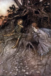 Akt II, Scen I Puck & a fairy; Puck erkänner att han är "" nattens glada vandrare." Illustration av Arthur RACKHAM (1867-1939) för The Dream of a Summer Night av William SHAKESPEARE