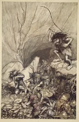 Albrecht driver in en skara nibelunger med guld- och silverskatter, ur 