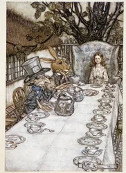 Alice tar "" i dårarna""" (Hattmakaren och Mars Lievre) - i "" The Adventures of Alice in Wonderland""", Lewis Carroll, ill. av Arthur Rackham (1867-1939)