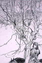 "Som jag låg thynkynge, red han på sin väg", illustration från "The Ingoldsby Legends, or Mirth and Marvels", av Thomas Ingoldsby, publicerad 1898 (penna och bläck på papper)