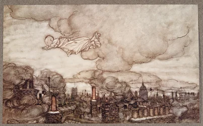 Bort flög han rakt över husen till Gardens, från Peter Pan i Kensington Gardens av J M Barrie (1860 - 1937), pub. 1906