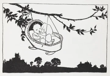 Baby i en spjälsäng hängande från en gren.