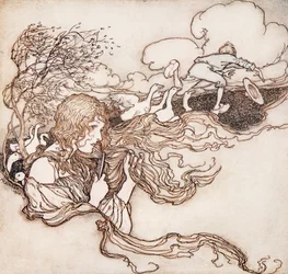 Blås, blås, liten bris, och Conrads hatt griper. från Sagorna om bröderna Grimm, pub. 1909