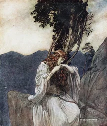 Brünnhilde kysser ringen som Siegfried har lämnat hos henne. Illustration för Siegfried and The Twi
