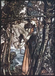 Brünnhilde leder sin häst vid tränsen. Illustration till Rhinegold och Valkyrien av Richa