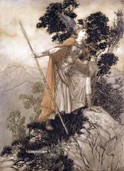Brunhilde, illustration från Rhinegold and the Valkyrie av Richard Wagner, 1910 (penna & bläck, wc på papper)