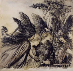 Brunnhilde Implores the Valkyries, illustration från The Rhinegold and the Valkyrie, av Richard Wagner, upplaga publicerad 1910 (penna, bläck & wc på papper)
