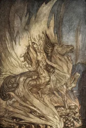Brunnhilde på Grane hoppar vidare till Siegfrieds begravningsbål, illustration från "Siegfried and the Twilight of the Gods"
