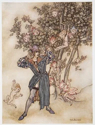 Burthen (dispersedly) Hark Hark!, illustration från William Shakespeares stormen, pub. 1926