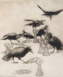 Men de sa en efter en Halloa! Vem har ätit av min tallrik? Vem har druckit ur min kopp? från Sagorna om bröderna Grimm, pub. 1909