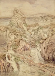 Havets dotter, illustration från De tre gyllene äpplena, av Nathaniel Hawthorne (penna och bläck & wc på papper)