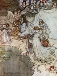 Tomtar som gör rosenhalsband. Illustration av Arthur RACKHAM (1867-1939) för The Dream of a Summer Night av William SHAKESPEARE