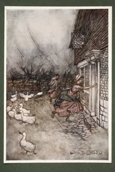 Än i dag hör de aldrig ett åskväder om Kaatskill, men de säger att Hendrick Hudson och hans besättning är igång med sin omgång ninepins., från Rip Van Winkle av Washington Irving, pub. 1910 (kolo