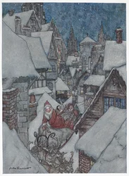 Jultomten reser genom snöiga gator på sin släde