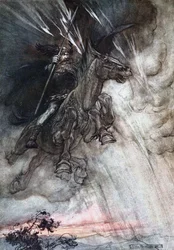 Rasande rider Wotan till klippan. Illustration till Rhenguldet och Valkyrian av Richard