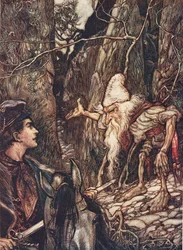 Bra dvärg, kan du inte berätta var mina bröder är? från Sagorna om bröderna Grimm, pub. 1909
