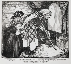 Grethel och den gamla häxan vid ugnen från Hansel och Grethel.