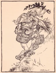 Stönande ständigt klättrade han upp på berget. Illustration av Arthur Rackham från Grimms saga, Gåsflickan vid brunnen.