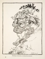 Stönande ständigt klättrade han upp på berget, från Little Brother & Little Sister and Other Tales av bröderna Grimm, pub.1917 (litho)