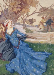 Guinevere Rescued by La Cote Male Taile, illustration från A Collection of Stories from Old Fairy Tales: Grimm, Andersen and Stories of King Arthur, publicerad 1905 (kroppsfärg på papper)