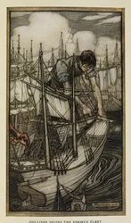 Gulliver fångar fiendens flotta, Illustration från Gullivers resor av Jonathan Swift, av Arthur Rackham