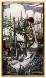 Gulliver griper fiendens flotta från del I: A Voyage to Lilliput in Gullivers Travels av Jonathan Swift