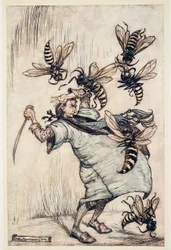 Gullivers strid med getingarna, från Gullivers resor av Jonathon Swift (1667 - 1745), pub. 1909 (lito i färg)