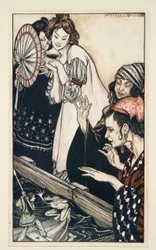 Gullivers möte med grodan, från Gullivers resor av Jonathon Swift (1667 - 1745), pub. 1909 (lito i färg)