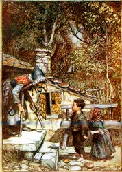 Hans och Greta och häxan på tröskeln till hennes stuga