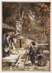 Hansel och Grethel hemma hos den gamla kvinnan.