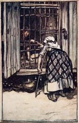 Hansel stack ut ett knogben, och den gamla kvinnan, vars ögon var svaga, kunde inte se och trodde att det var hans finger, och hon var mycket förvånad över att han inte blev tjock ..från The Fairy Tales of the B