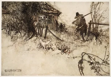 Han hittade huset förfallit? Min hund, suckade stackars Rip, har glömt mig., från Rip Van Winkle av Washington Irving, pub. 1910