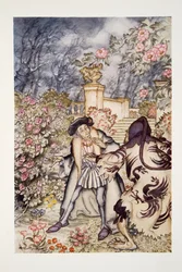 Han hörde ett högt ljud och såg ett odjur komma emot honom, så skrämmande att titta på att han var redo att svimma av rädsla, från The Arthur Rackham Fairy Book, pub. 1933