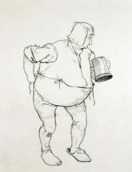 "Han mediterade ett mäktigt utkast: ena handen fumlade med sina taggar, medan den andra sträcktes ut i akten att fatta Jorum", illustration från The Ingoldsby Legends, eller Mirth and Marvels