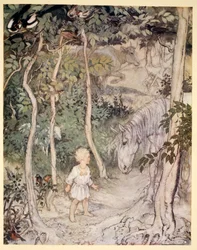 När han stirrade på en häst som stirrade tillbaka kunde han tänka: "En pojke kan inte vifta på svansen för att hålla flugorna borta", illustration ur "Irish Fairy Tales" av James Stephens, 1920
