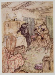 Han dök nu upp igen, något dammig, med en flaska öl i varje tass och en annan under varje arm, från Wind in the Willows av Kenneth Grahame (1859 - 1932), pub. 1940