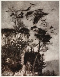 Han besvarades bara av en flock lediga kråkor., från Rip Van Winkle av Washington Irving, pub. 1910