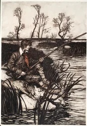 Han satt på en blöt sten och fiskade hela dagen., från Rip Van Winkle av Washington Irving, pub. 1910