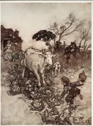 Hans ko skulle gå vilse eller hamna bland kålarna., från Rip Van Winkle av Washington Irving, pub. 1910