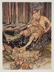 Hop-o-my-thumb gick mjukt upp till Ogre och drog av sig sina sjuliga stövlar, från The Arthur Rackham Fairy Book, pub. 1933