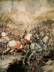 Hur Arthur drog sitt svärd, Excalibur, för första gången, illustration från "The romance of King Arthur and his knights of the Round Table" av Alfred W. Pollard, 1910