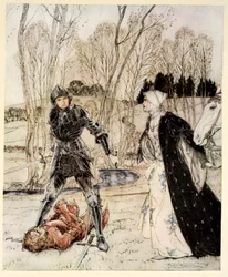 Hur Beaumains besegrade den röde riddaren och alltid flickan talade många fula ord till honom, illustration från 