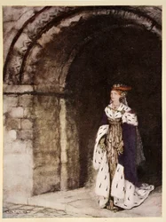 Hur Dame Lionesse kom ut klädd som en prinsessa, illustration från "The romance of King Arthur and his knights of the Round Table" av Alfred W. Pollard, 1910
