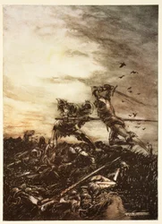 Hur Mordred dödades av Arthur och hur Arthur skadades till döds av honom, illustration från Alfred Pollards "The Romance of King Arthur and His Knights of the Round Table"