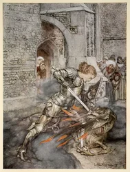 Hur sir Lancelot kämpade mot en vänlig drake, illustration ur ”Berättelsen om kung Artur och hans riddare av Runda bordet” av Alfred W. Pollard, 1910