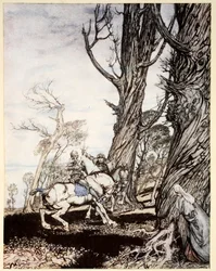 Hur Sir Launcelot dödade riddaren Sir Peris de Forest Savage som gjorde nöd på damer, damer och gentlewomwen, illustration från "The romance of King Arthur and his knights of the Round Table" av A