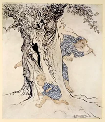 Hur han ansträngde sig och flämtade för att fånga den förföljande personen och förfölja henne och få sin egen övergång till handling, illustration från "Irish Fairy Tales" av James Stephens, 1920